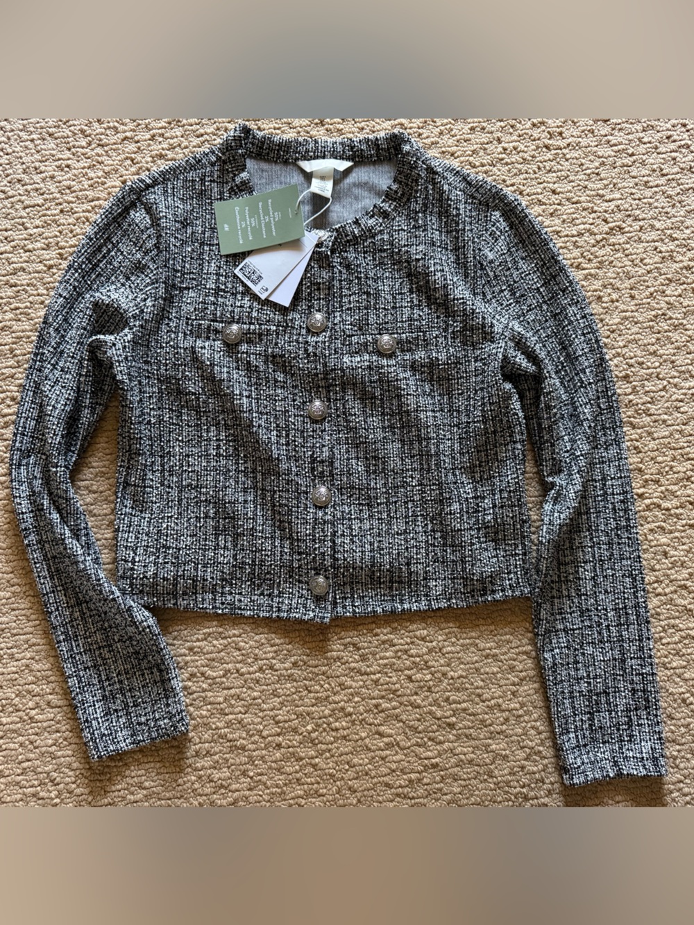H&M Cropped Textured Knit Cardigan Jacket in Black & White